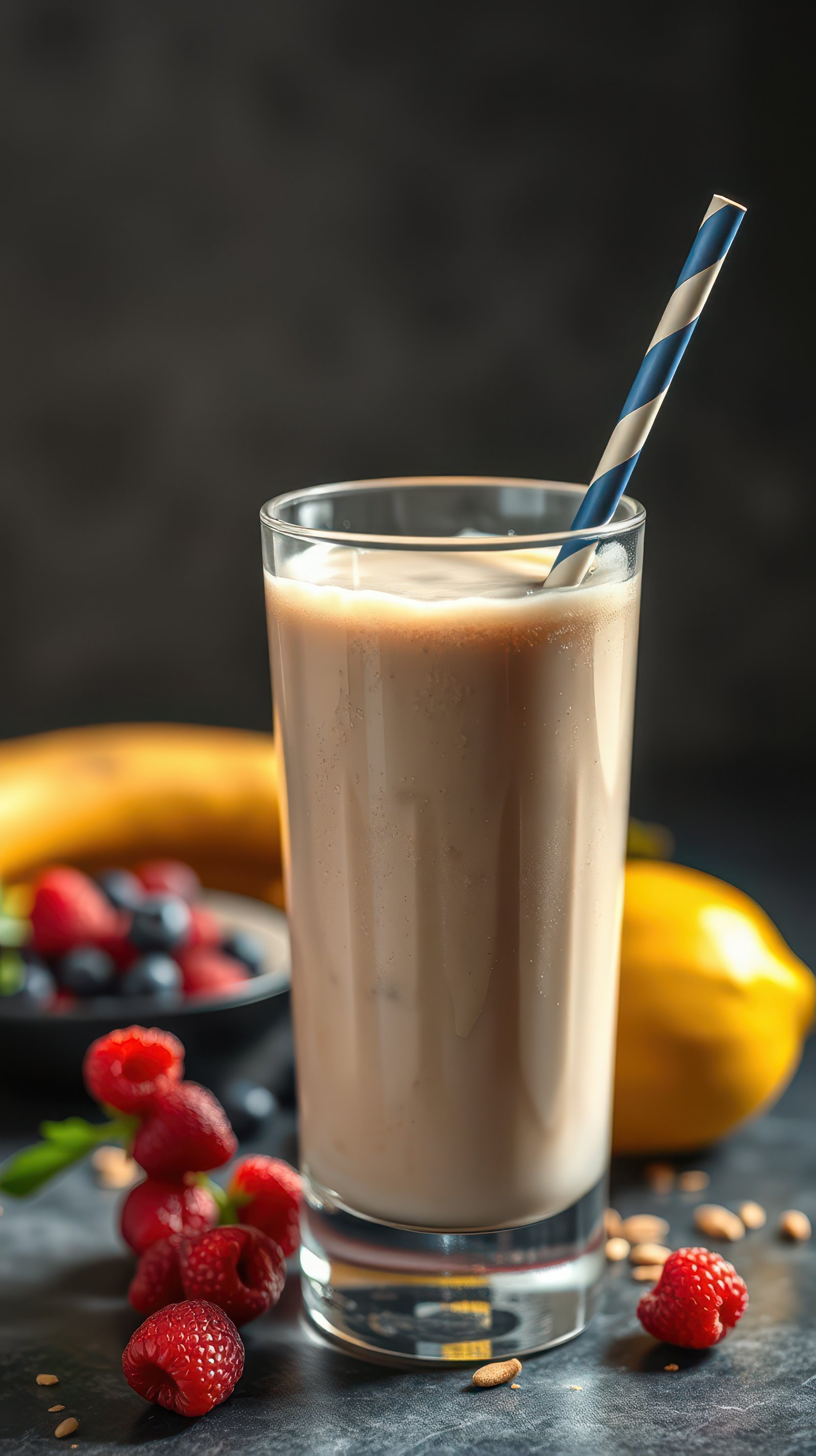 Creamy smoothie blended with fruits on a dark background with colorful garnishes and straw